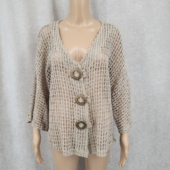 Keren Hart Cotton Fishing Net Knit Cardigan Oversized Button Accents Lagenlook - Picture 2 of 8